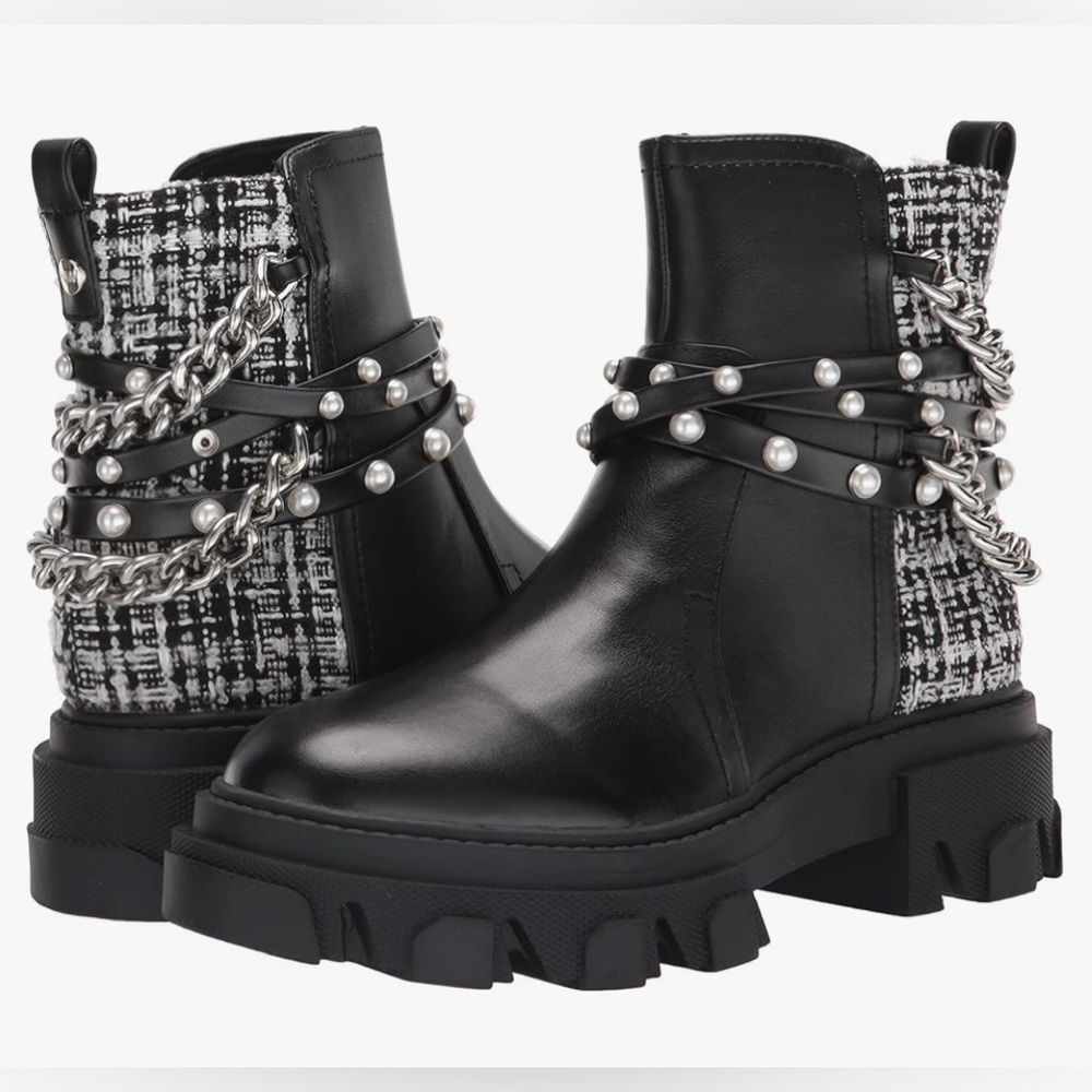 Nine West Cearlz Black Multi Zip Closure Chain Detailed Leather Ankle Boots 8M